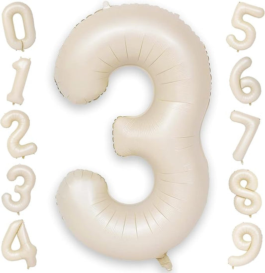 40 Inch Beige Numbers Balloons 3, Large Self Inflating Cream White Digit 3 Helium Balloons for 3rd Birthday Girls Boys, Foil Mylar Number 3 Balloons for Women Birthday Party Anniversary Decorations