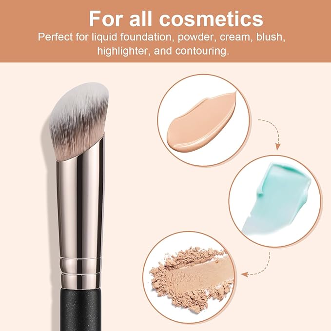 TEOYALL Foundation Contour Conceal Brush Set, 3PCS Angled Synthetic Kabuki Brush for Blending Setting Buffing with Liquid, Cream and Powder Cosmetic (170S/270S/370S)