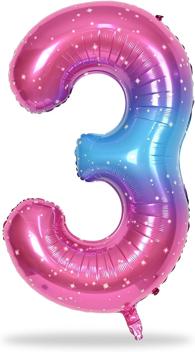 40 Inch Rainbow Large Numbers Balloons 3, Self Inflating Gradient Blue Pink Purple Digit 3 Helium Balloons for 3rd Girls, Starry Foil Mylar Number Balloons 0-9 for Women Birthday Party Decorations