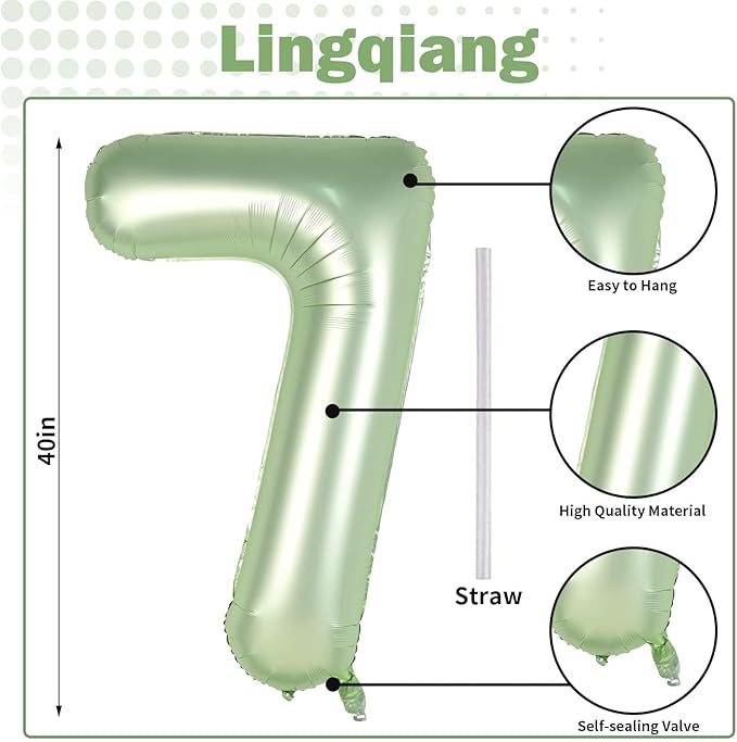 Sage Green Foil Balloon Number 7, 40'' Giant Self Inflating Number Balloons Set 0-9, Large Olive Green Number 7 Helium Balloon for Girls Boys 7th Birthday Jungle Safari Party Decorations Supplies