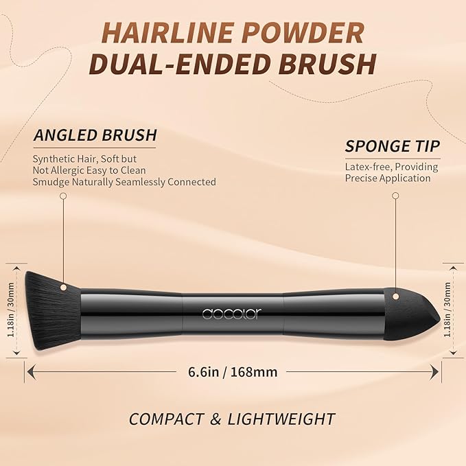 docolor Dual-Ended Hairline Powder Brush, Hair Contour Brush with Sponge Tip, Makeup Brush for Seamless Blending, for Hair Contouring, Root Touch-ups, and Beard Coverage Vegan & Cruelty-free
