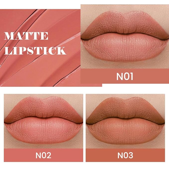 evpct 3Pcs Nude Beige Light Brown Orange Matte Lipstick Sets for Women 24 Hour Matt Matte Lipstick Long Lasting Waterproof and Smudge Proof Fall Color Lipstick Shades Dark Brown Lip Liner Set 01