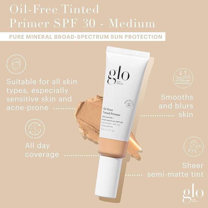 Glo Skin Beauty Oil-Free Tinted Primer SPF 30 - Mineral Makeup for Face, 4-in-1 Foundation Primer, Sheer Coverage, Skincare & Sunscreen With Broad Spectrum UVA/UVB Protection (Medium), 1.7 Fl Oz