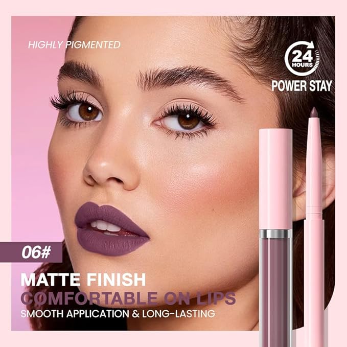 AMY'S DIARY 2pcs Purple Lip Liner & Lipstick Makeup Set, Liquid Lipstick 24H and Lip Liner Set Matt Liquid Lips Make Up Waterproof Long Lasting (06#, 2 Pcs Set)