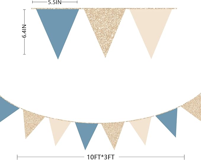 30Ft Champagne Gold Dusty Blue Beige Party Decorations Pennant Banner Flag Hanging Paper Triangle Bunting for Baby Shower Birthday Graduation Wedding Bachelor Retirement Nautical Party Supplies