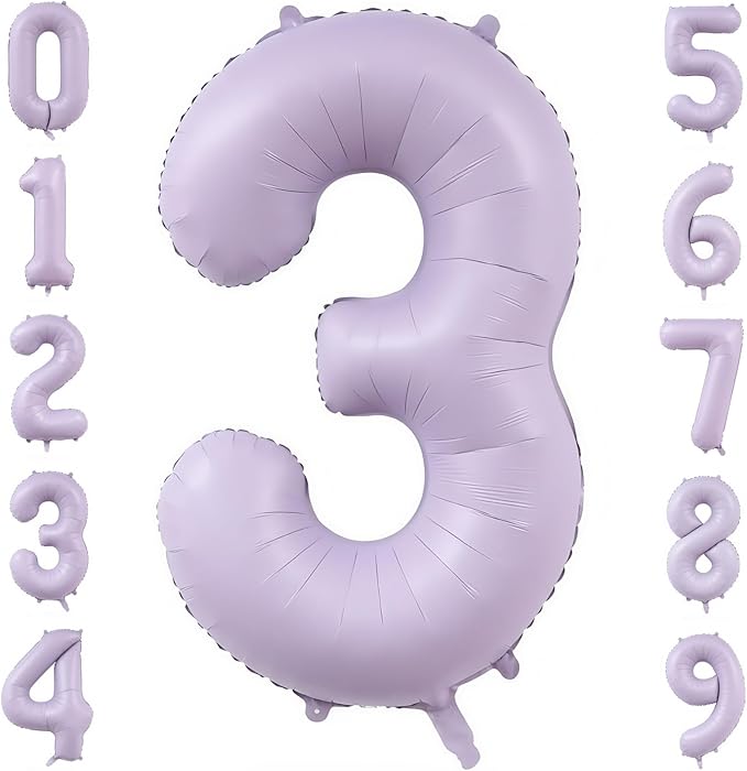 Pastel Purple 3 Number Balloons,40 Inch Light Purple 3 Balloons Large Helium Foil Mylar Purple Number 3 Balloon for Birthday Party Anniversary Decorations