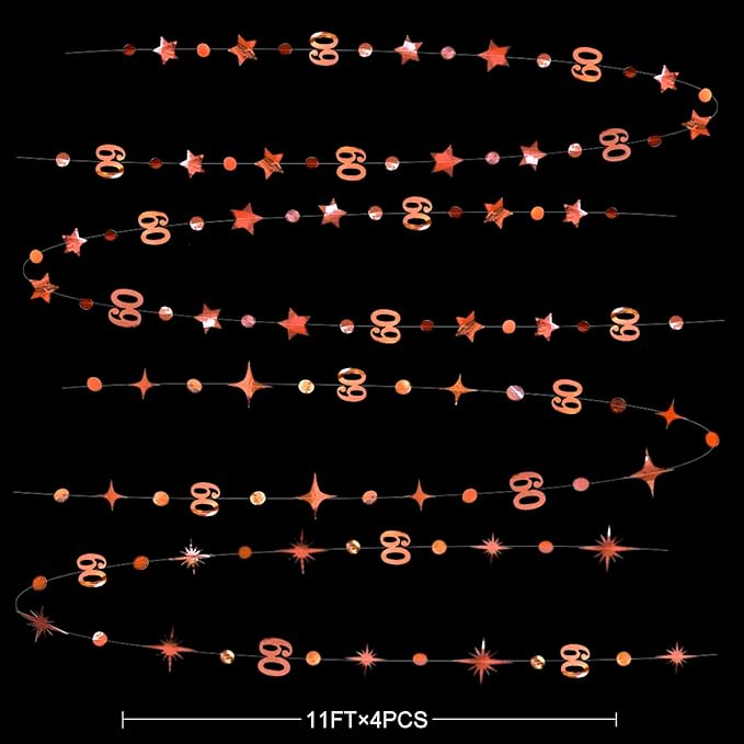 Rose Gold 60th Birthday Decorations Number 60 Circle Dot Twinkle Star Garland Metallic Hanging Streamer Bunting Banner Backdrop for 60 Year Old Happy Birthday 60th Anniversary Sixty Party Supplies