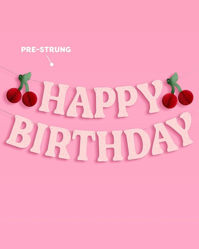 xo, Fetti Happy Birthday Cherry Banner - Pink Glitter, 6.5 Ft. | 3D Cherry Garland, Bday Decoration, Accordion Party Sign, Pop Up Photoshoot Backdrop
