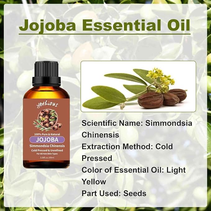 yethious Jojoba Oil Organic Cold Pressed Unrefined Pure Jojoba Oil for Essential Oils Mixing, Skin, Hair Growth, Face, Nails, Massage - 3.38 Fl Oz