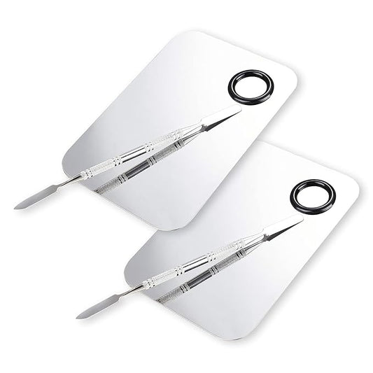 Makeup Mixing Palette, Upgrad Stainless Steel Metal Foundation Palette with Spatula Artist Tool for Mixing Foundation Nail-Art, Size 4.5x2.9 in（2 Pcs）