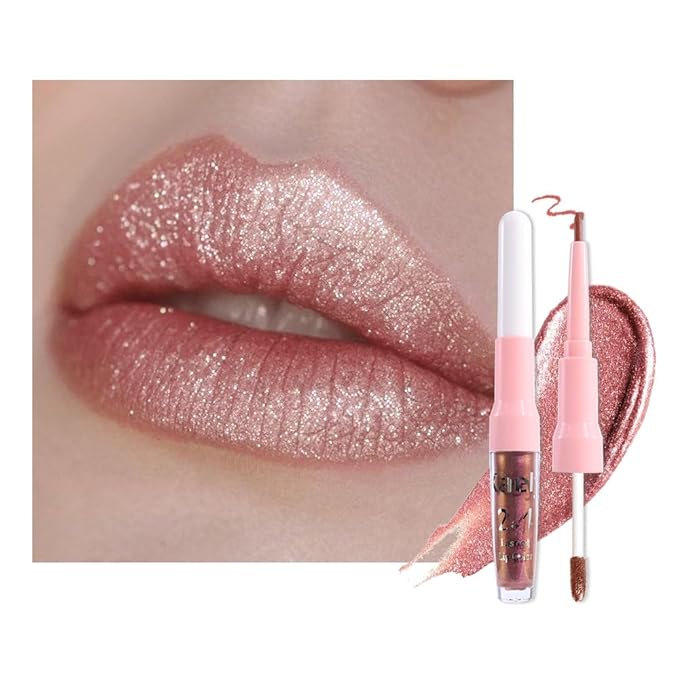 Kaely 2-in-1 Nude Gold Metallic Lipstick and Lip Liner Makeup, Shimmer Liquid Metallic Lipsticks for Women, Glitter Lip Gloss Stain Long Lasting Waterproof Smudge Proof 24 Hour, Cruelty-Free 27