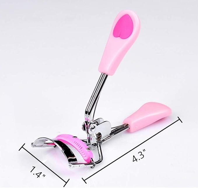 Stainless Steel Eyelash Curler with Built-in Comb Pinch Pain-Free Suitable for Any Eye Shapes and Sizes, with 5 Silicone Refill Pads (Light Pink)