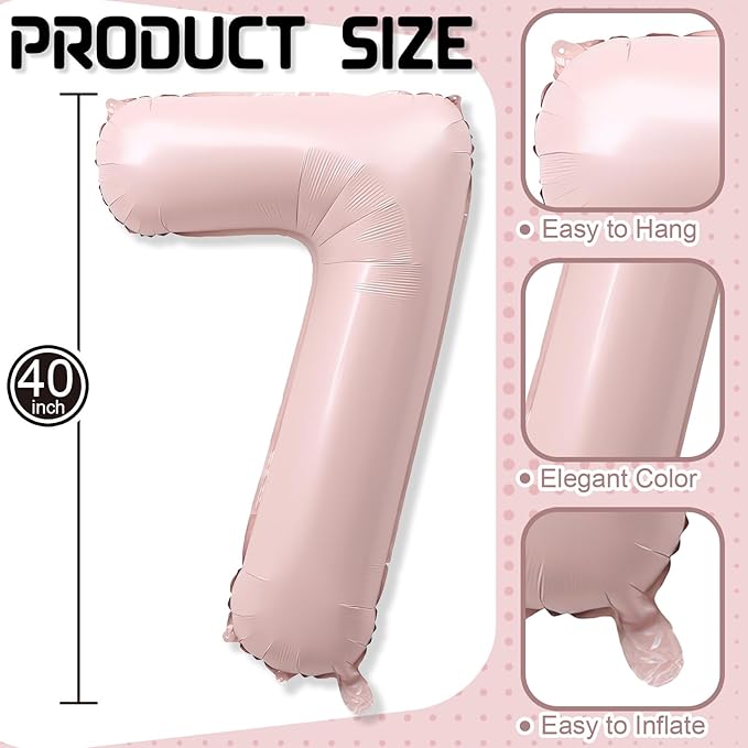 7th Birthday Balloons for Girls, 40'' Foil Self Inflating Light Baby Pink Number 7 Balloon, Pastel Dusty Blush Pink Large Mylar 7 Balloon Number for Kids Birthday Party Decor Anniversary Decorations