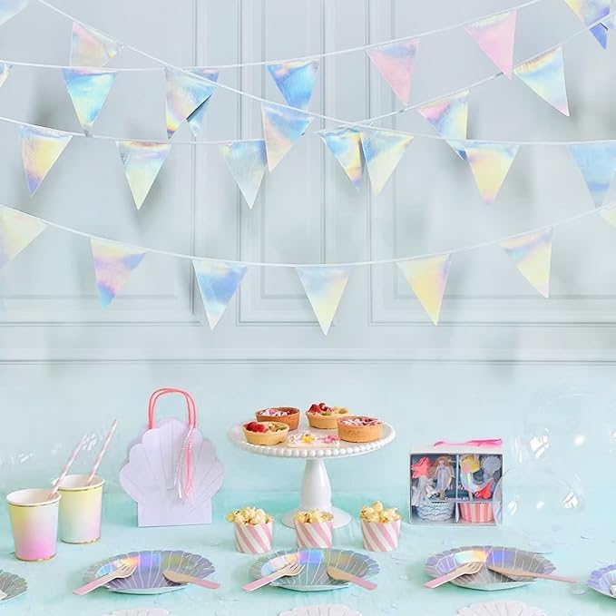 33Ft Iridescent Party Decoration Holographic Fabric Triangle Pennant Banner Flag Cotton Bunting Garland for Birthday Wedding Bridal Shower Bachelorette Engagement Disco Euphoria Galaxy Party Supplies