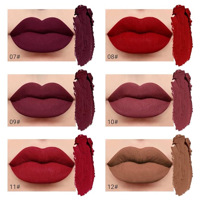 evpct 6Pcs Dark Bright Ruby Sexy Brick Mauve Plum Red Brown Matte Matt Liquid Lipstick Lip Gloss Glossy Set for Black Women 24 Hour Silky Velvet Lipstick Lip Liner set labiales matte larga duracion 24