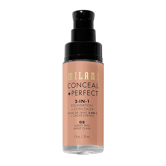 Milani Conceal + Perfect 2-in-1 Foundation + Concealer for a Flawless Complexion, Under Eye Corrector, Cover Redness and Imperfections, Waterproof and Sweatproof - Light Tan