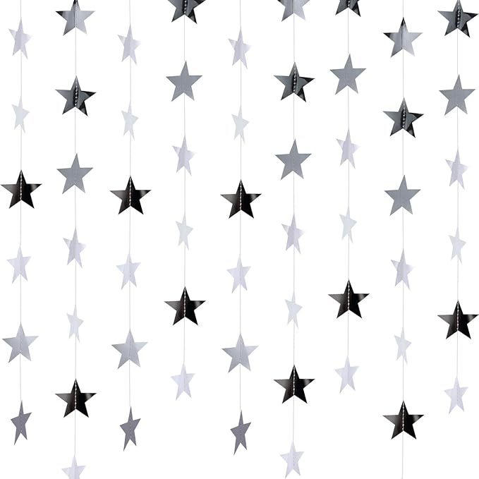 Patelai Glitter Star Garland Banner New Years Decor 130 Feet Star Hanging Banner Twinkle Backdrop for Birthday Classroom Wedding Halloween Christmas Party Supplies(Silver)