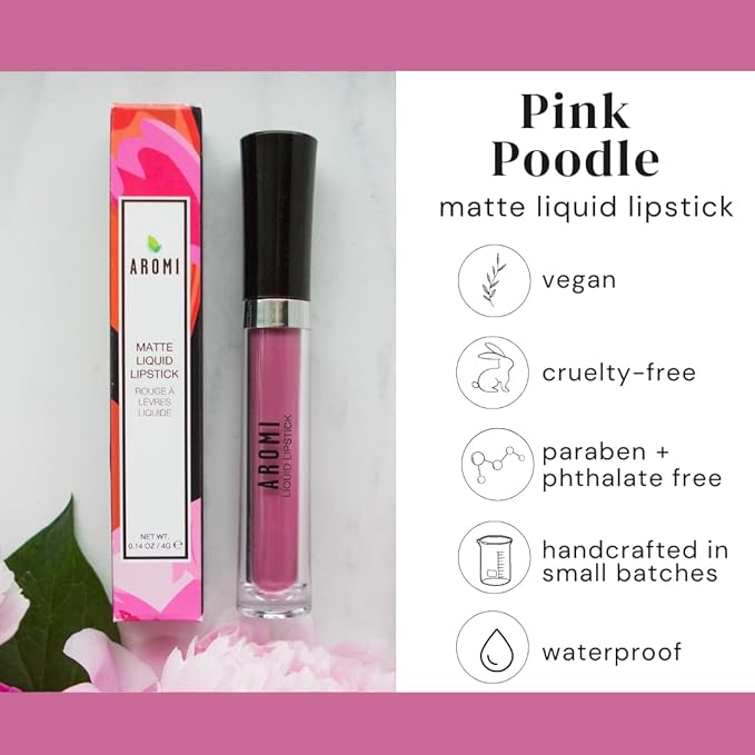 Aromi Matte Liquid Lipstick | Long Wear, Smudge Proof, Medium Pink Lip Color, Vegan, Waterproof, Day to Night, Velvety Finish (Poodle Skirt)