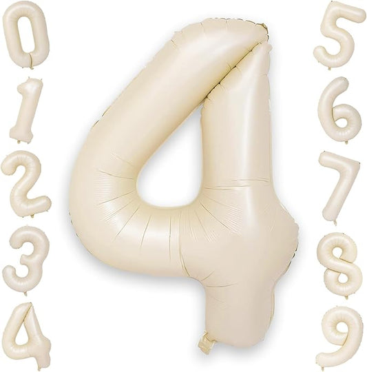 40 Inch 4 Balloons, Large Beige Number 4 Balloon for 4th Birthday Foil Number Balloons Set 0-9, Self Inflating White Sand Digital 4 Helium Balloon for Girls Birthday Women Anniversary Party Decoration