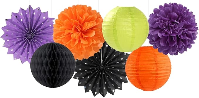 Black-Orange Purple Green Halloween Party-Decorations - 14pc Kit Paper Lanterns Fan,Tissue Flower Pom Poms Streamers,Honeycomb Balls,Birthday Supplie Wedding Baby Bridal Shower Decor Lasting Surprise