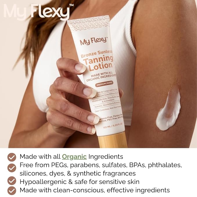 Sunless Tanning Lotion – Organic-Medium/Dark Tan, Natural Self Tanner with Aloe, Shea Butter, Coconut Oil & Jojoba – Clean, Streak-Free Self Tanning lotion for body, Gradual Self Tan, 5oz