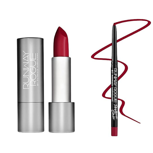 Runway Rogue ‘Celeb’ Matte Berry Red 90s Vibe Lipstick Bundle with ‘In the Press’ Crimson Dark Red Designer Liner Lip Liner Pencil and Sharpener
