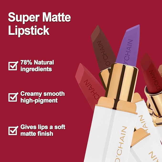 O'CHAIN Dark Purple Matte Lipstick, Long Lasting Full Coverage Non-Transfer Lipstick for Women Infused with Jojoba Oil and Vitamin E, Cruelty-Free & Vegan (14 ARIA) 0.12 Oz