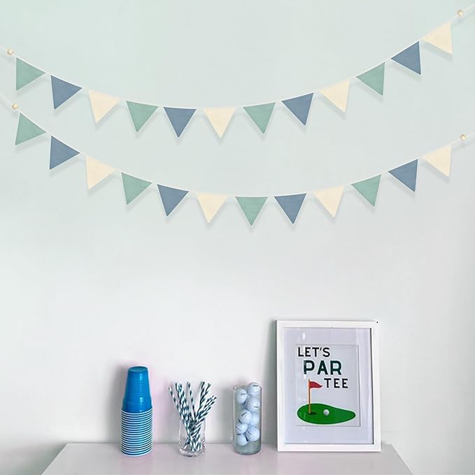 2 Sets of Blue Green Nursery Garland 24Pcs Green Blue Fabric Linen Pennant Banner Flags Triangle Streamers for Baby Playroom Decor Boys Nautical Birthday Hole in One Baby Shower Party Decorations
