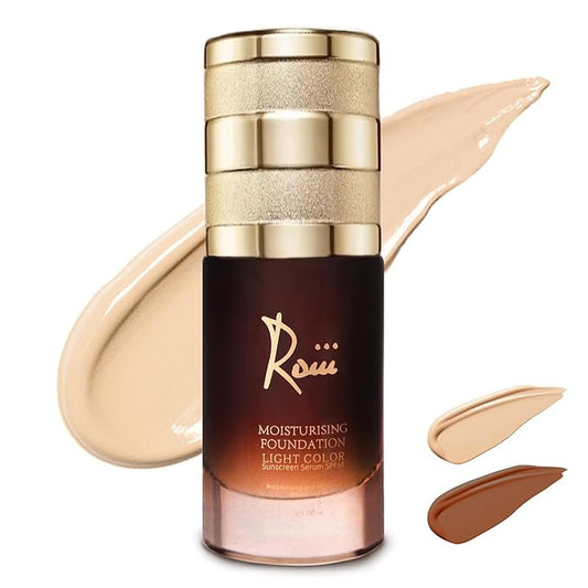 Roiii Lightweight SPF 50 Liquid Foundation - Full Coverage Sunscreen Makeup, Oil-Free & Long Lasting, Hydrating with Hyaluronic Acid for All Skin Types for Gym, Sports, Dancing (Light, 1.0 Oz)