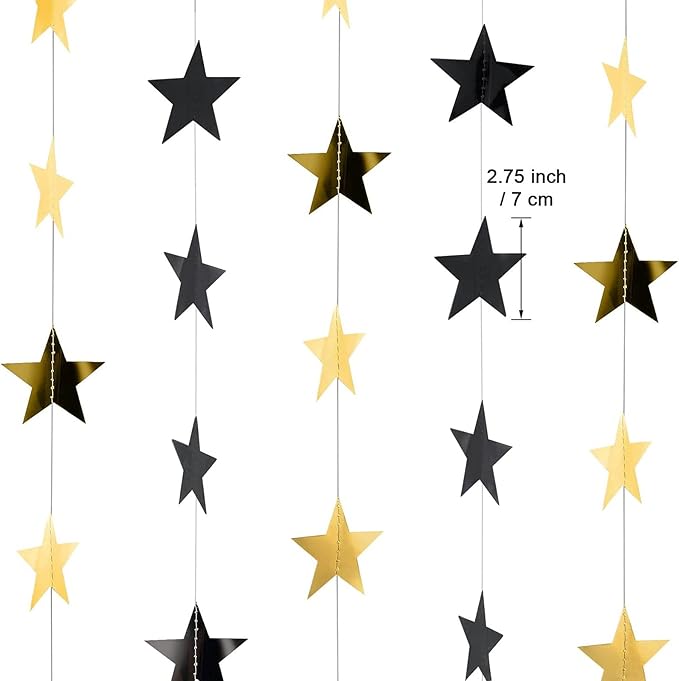 Patelai 130 Feet Glitter Star Garland Banner Decoration Hanging String Star New Year Eve Party Supplies Gold Black Party Decor for 2026 New Year Valentines Wedding Birthday (Gold and Black)