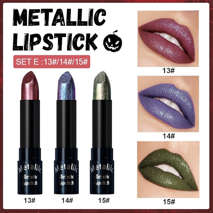 3Pcs Metallic Lipstick for Women,Lightweight Non-Drying Shimmer Frosted Lipsticks Kit Set,Glitter Lip Gloss Stain Long Lasting Waterproof No Smudge Proof No Transfer 12 Hour,Cruelty-Free Makeup (E)