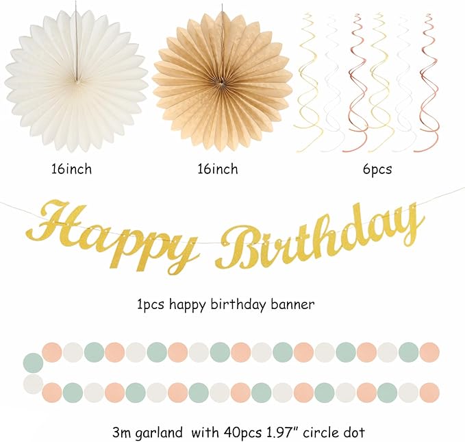 Sage-Green Blush-Pink Beige Birthday Party-Decorations - 21pcs Happy Banner,Cream Light Dusty Pink Paper Lanterns Pom Poms,Rustic Boho Neutral Streamers Garland,Women Girls Decor Supplies Huglony