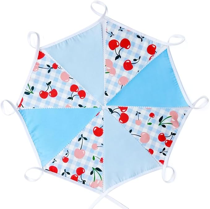 32Ft Blue Gingham Cheery Pennant Banner Fabric Triangle Flag Garland Streamers Party Decorations for Ma Cherie Baby Shower Cherry on Top Bachelorette Fruit Birthday Picnic Spring Garden Supplies
