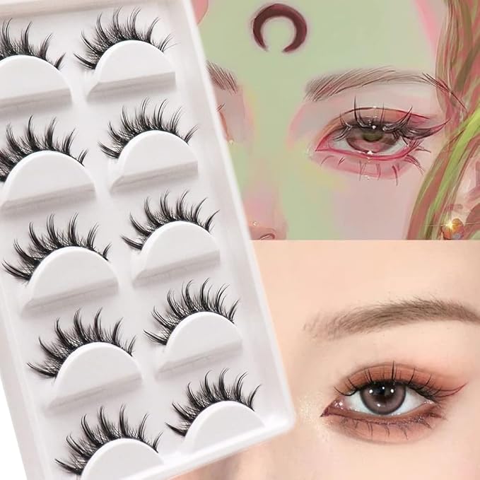 Veleasha Manga Lashes Spiky False Eyelashes 100% Handmade Eyelashes Natural Look Fake Lashes Lightweight Lashes with Soft Clear Band 5 Pairs Pack (009)