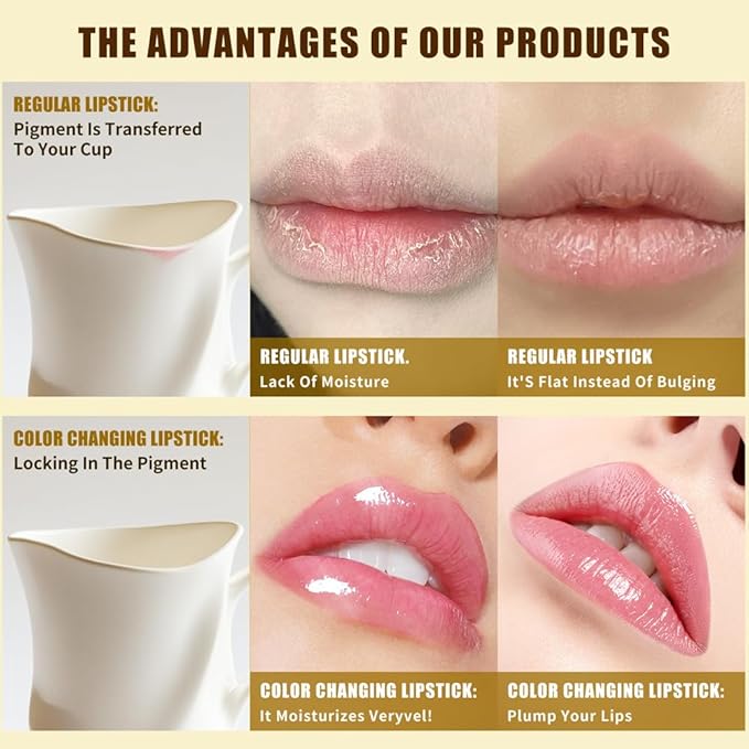 Color Changing Lipstick-Transferproof, Gold Crystal Ph Color Changing Lipstick, Clear Lip Stick That Changes Color, Moisturizing Glossy Shine Lip Balm, Hydrating Non-Sticky Lip Gloss for Women