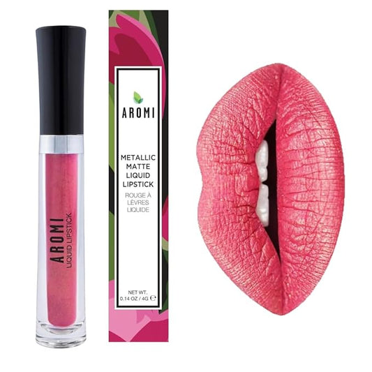 Aromi Metallic Liquid Lipstick | Peachy Pink, Coral Lip Color with Shimmery Finish, Long-lasting, Vegan, Cruelty-free, Smudge Proof, Gluten Free (Rose Gold)