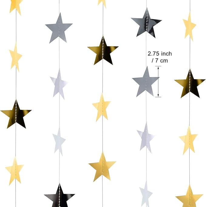 Patelai 130 Feet Glitter Star Garland Banner Decoration Hanging String Star New Year Eve Party Supplies Gold Black Party Decor for 2026 New Year Valentines Wedding Birthday (Gold and Silver)