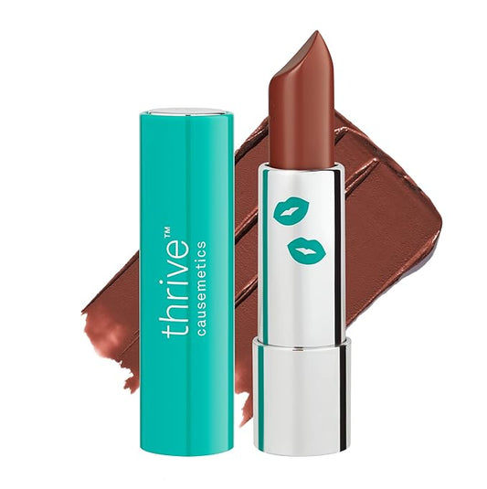 Thrive Causemetics Impact-FULL Smoothing Lipstick, Moisturizing Lip Makeup Essential with Vitamin E, Lightweight Creamy Lipstick for Women, Long Lasting, Vegan, Shade Brandy (Spice Brown)