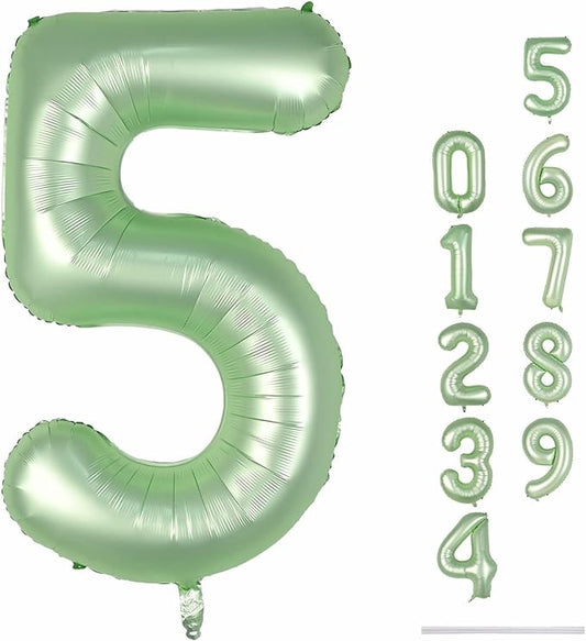 Sage Green 5 Balloons, 40" Giant Helium Foil Number 0-9 Olive Green Birthday Balloon for Boys Girls, Self Inflating Digit 5 Balloons for Women Men Anniversary Jungle Safari Party Decorations Supplies