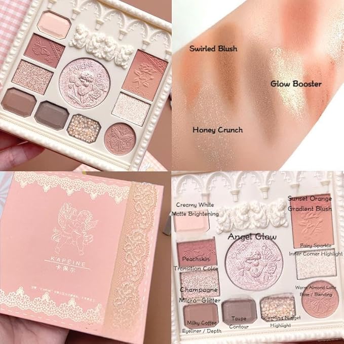 Embossed Angel Eyeshadow Palette - 10 Multi-Use Shades for Eyes, Cheeks & Glow（Embossed Angel Eyeshadow Palette + Eyeline Brush）
