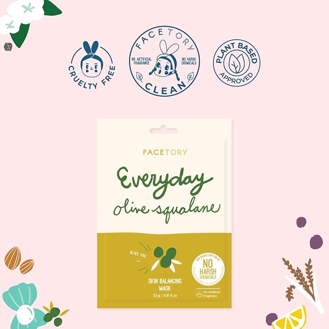 FACETORY K Beauty Face Mask Skin Care - Everyday OLIVE Skin Balancing Sheet Mask | Plant-Based with Squalane Oil (5 Pack)