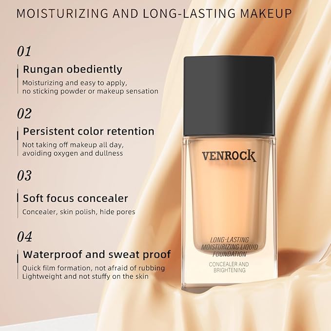 VENROCK 24HR Long-Lasting Moisturizing Liquid Foundation | Radiant, Waterproof, Concealing & Oil-Control (01# Ivory White, 30ml)