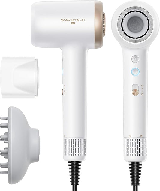 Wavytalk Hair Dryer, Wavytalk Turblow Pro Fast Drying Blow Dryer with Diffuser, High Speed Hair Dryer with 110,000 RPM, Pro Negative Ions for Less Damage, Frizz Smoothing 3 Speeds & 3 Temps, White