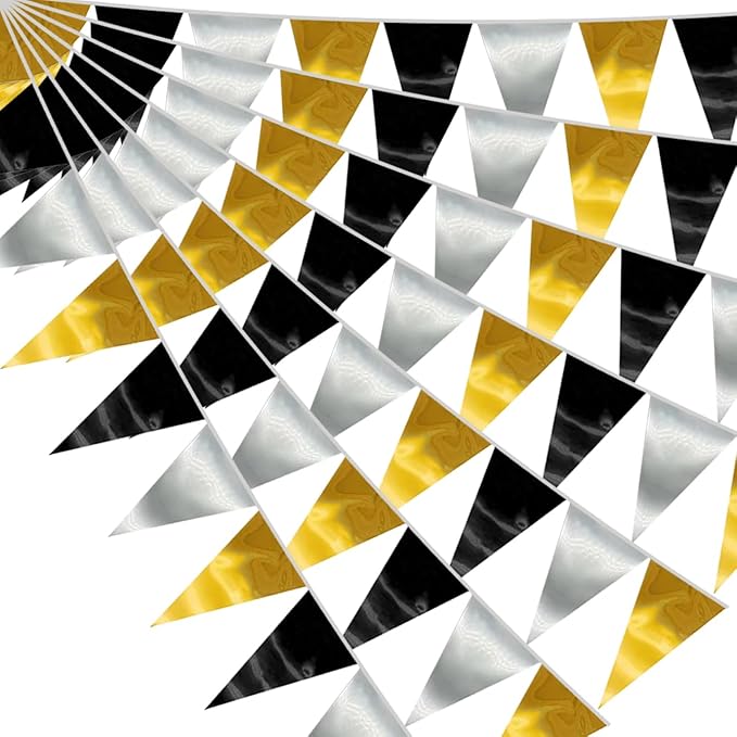 20M/65FT Black Gold Silver Triangle Pennant Banner Flag Metallic Fabric Bunting Garland for Christmas Wall Hanging,Graduation Decorations, New Years Decorations,Father' Da