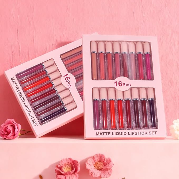 evpct 16Pcs Matte Liquid Lipsticks, Mauve Plum Purple Marron Orange Wine Red Pink Lipsticks Set, Long Lasting Waterproof Lip Gloss Highly Pigmented Lipstick Makeup 24hr Original Smudge Proof labial