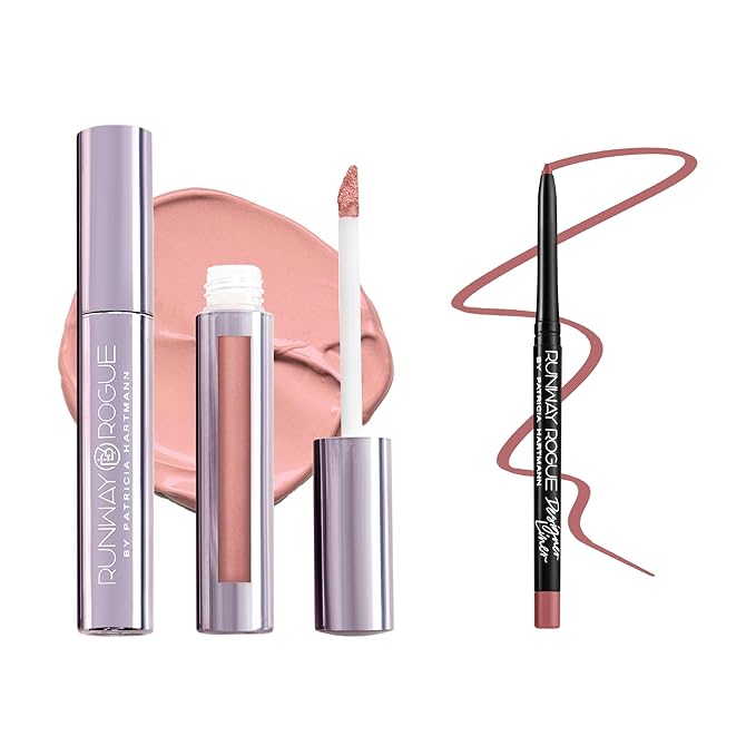 Runway Rogue ‘Minimalist’ Velvet Glam Liquid Lipstick, Almost-Matte Soft Nude Lipstick with ‘A List’ Designer Liner Lip Pencil, Matte Soft Pink-Mauve Lip-Liner Pencil and Lip-Liner Sharpener