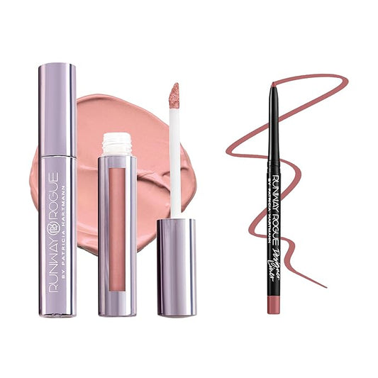 Runway Rogue ‘Minimalist’ Velvet Glam Liquid Lipstick, Almost-Matte Soft Nude Lipstick with ‘A List’ Designer Liner Lip Pencil, Matte Soft Pink-Mauve Lip-Liner Pencil and Lip-Liner Sharpener