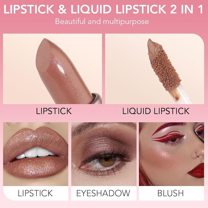 evpct 2 in 1 Nude Brown Glitter Metallic Shimmer Diamond Lipstick and Lip Gloss Set for Women Long Lasting Waterproof, Bronze Gold Sparkle Glitter Shiny Lipstick and Lip Liner Makeup Set, 03#