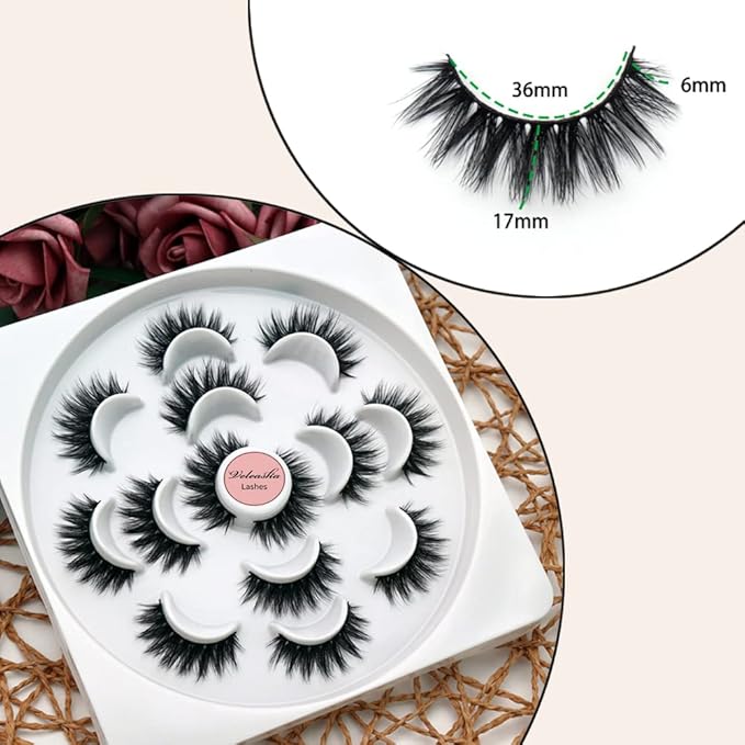 Veleasha Lashes 5D Faux Mink Lashes False Eyelashes Handmade Eye Lashes Wispy Fluffy Fake Lashes Dramatic Eyelashes Luxurious Volume Fake Eyelashes 7 Pairs Pack (5D09)