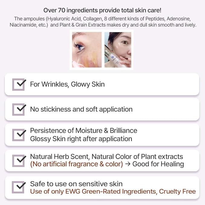 Ampoule Facial Serum 1.69 fl oz for Glowy Skin, Hydrating, Wrinkles, Dark spot, Fleckles & Blemish/Hyaluronic Acid, Vitamin C, Collagen, Peptide, Niacinamide/Natural Herb Scent/Korean